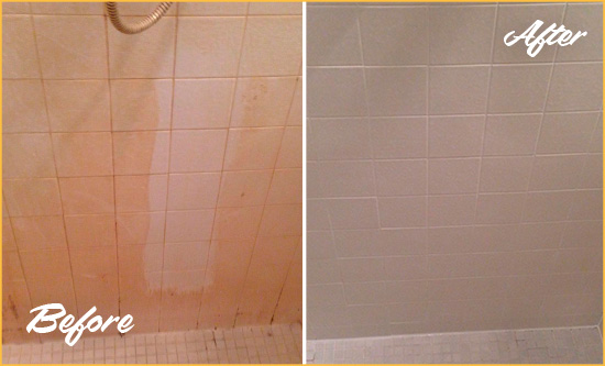 Before and After Picture of a Hialeah Gardens Porcelaine Shower Cleaned to Remove Soap Scum