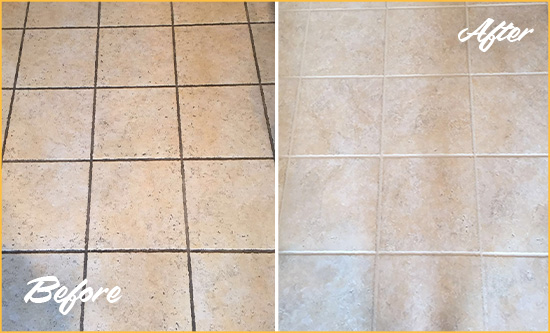 Before and After Picture of a Hialeah Gardens Ceramic Floor Cleaned to Remove Soil