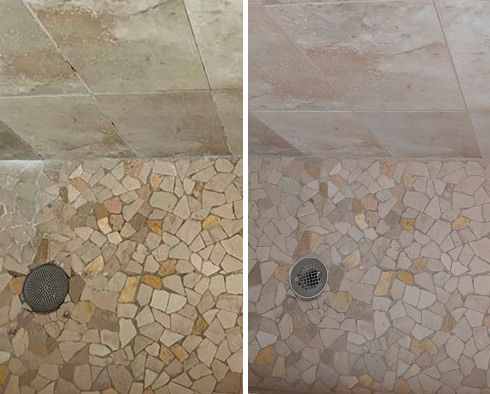 Shower Floor Before and After Our Kendall Grout Cleaning Service