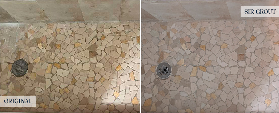 Shower Floor Before and After Our Kendall Grout Cleaning Service