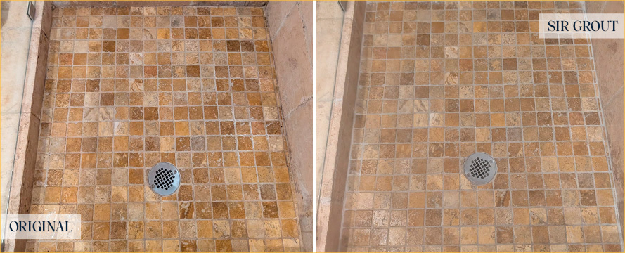 Shower Floor Before and After Our Miami Grout Cleaning Service