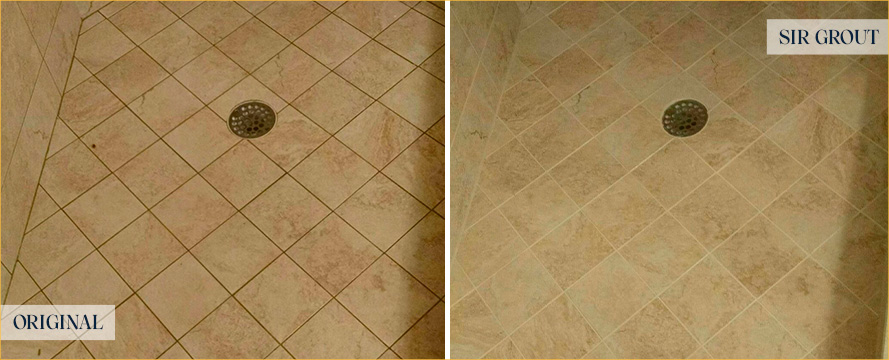 Shower Floor Before and After Our Miami Beach Grout Recoloring Service