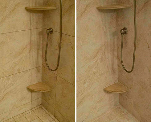 Shower Before and After Our Miami Beach Grout Recoloring Service