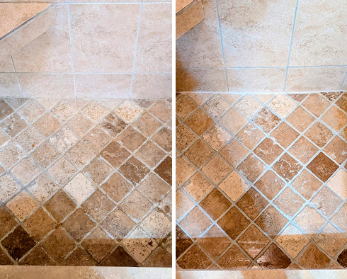 Shower Floor Before and After Our Coral Gables Grout Cleaning Service
