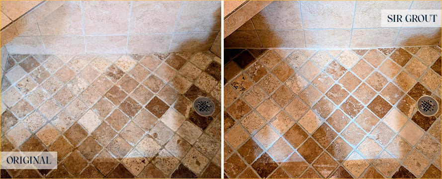 Shower Floor Before and After Our Coral Gables Grout Cleaning Service