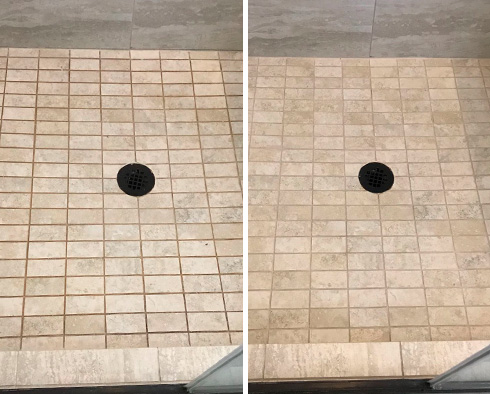 Shower Floor Before and After Our Aventura Grout Sealing Service
