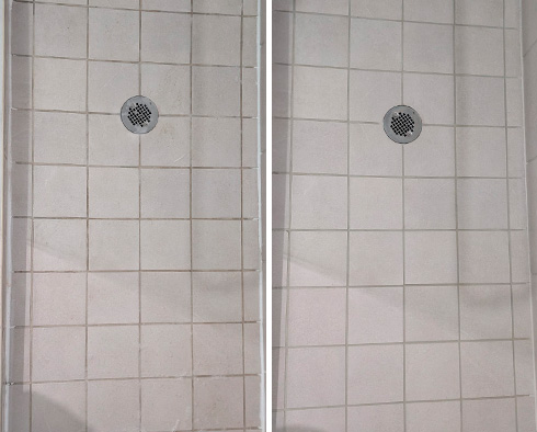 Shower Floor Before and After Our Grout Cleaning Service