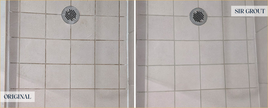 Shower Floor Before and After Our Grout Cleaning Service