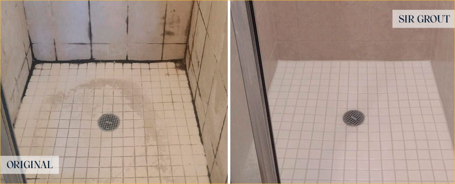 Shower Floor Before and After Our Doral Tile and Grout Cleaners Work