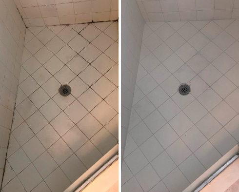 Master Shower Before and After Our Palmetto Bay Tile and Grout Cleaners Work