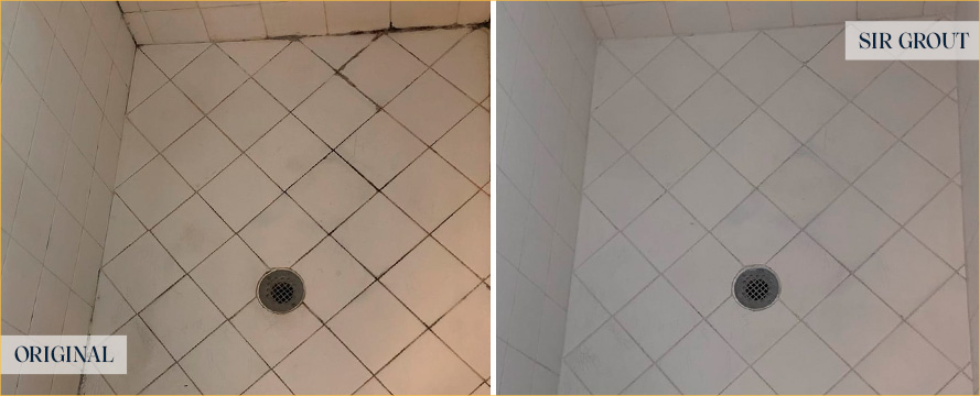 Master Shower Before and After Our Palmetto Bay Tile and Grout Cleaners Work